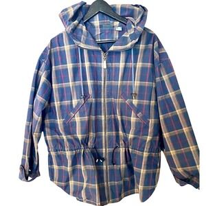 Vintage 90s Lizwear Plaid‎ Hooded Cotton Jacket Blue Green Zip Parka Style L